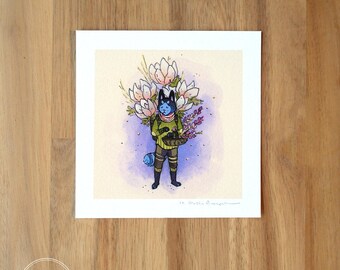 Cat Flower Guardian - Mini Fine Art Print