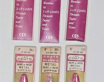 6 Metal Zippers Mixed Colors And Sizes J & P Coats Clark