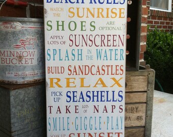 Beach Rules Wooden Sign Vintage Style Typography Word Art Sign in Rainbow Colors