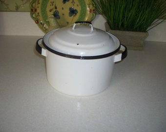 Vintage Enamelware Pot with Lid...White with Black Trim
