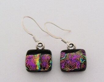 Tiny dichroic glass dangle earrings