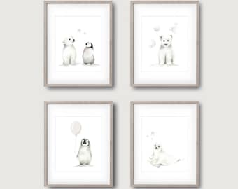 Arctic Animal Nursery Art, Set of 4, Grey Nursery, Penguin, Polar Bear, Seal, Childrens Wall Decor, Painting, Baby Animals, Toddler Room