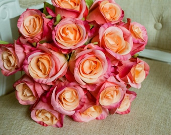 Coral silk wedding bouquet. Made with artificial roses.