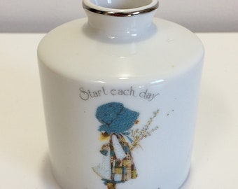 Vintage Holly Hobbie Blue Girl Vase Narrow Opening Start Day Happy Way