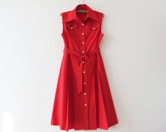 Vintage 70s Summer Dress Button up Dress Hot Red Cotton Dress Sleeve Less Belted Dress with Pockets Made in Denmark Medium to Large