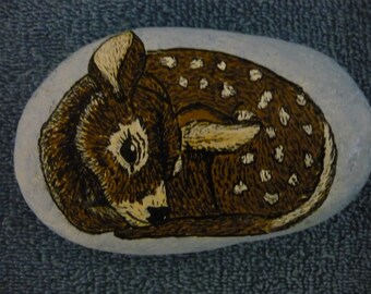 Baby Fawn Hand Painted On Rock, Paperweight, Knick Knack