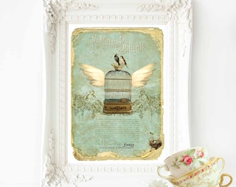 Vintage bird cage, French art print, vintage home decor in green, cream and gold, A4 giclee