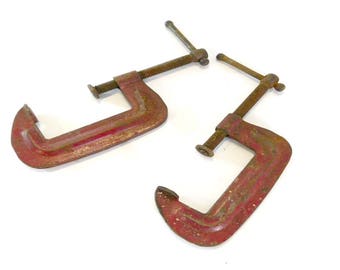 Pair of Vintage C Clamps, Original Red Paint, Vintage Tools, Woodworking, Garage, Industrial, Steampunk