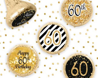 60th Birthday Party Decorations - Black and Gold Birthday Party Favors - Happy 60th Birthday Stickers for Hershey Kisses - 324ct Stickers