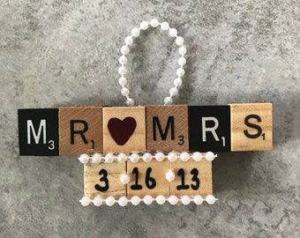 Mr & Mrs Scrabble tile ornament | wedding gift tag | Christmas tree ornament
