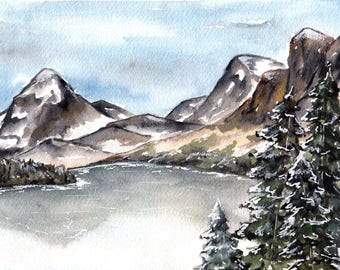 Lonely Trees Watercolor Mountains Painting Print - Landscape painting - trees mountains watercolor painting - art snow mountain range