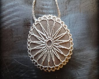 On Sale, Artist Necklace, Crocheted Lace, Stone, Gift, Original, Latte Foam, Shades of Ecru, Rock Handmade, Nature Unique, Bohemian, Monicaj