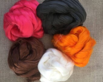 Dyed Bamboo Roving Starter Kit Vegan Fiber 100 gr Needlefelt Spinning Pink Brown Orange Black White Spin Flora plant fibre Free Shipping