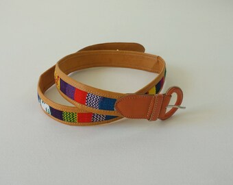 vintage tapestry belt | navajo print belt | bohemian gypsy belt | vintage 1970s belt | thin leather belt | tribal print