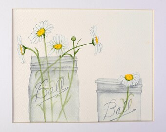 Original Watercolor Ball Jars with Daisies