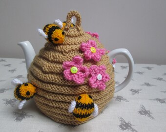 Hand Knitted Bee Hive Tea Cosy Cozy With Bumble Bees & Flowers ~ Ready To Ship