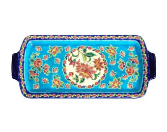 Longwy Rectangular Cake Platter, Blue Cartel Enamels Plate, French Dessert Platter, Two-handled Platter, Flower Plate, Justin Masson