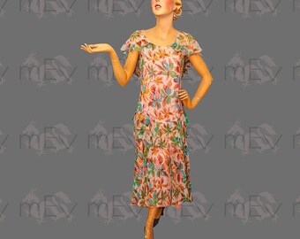 Lovely 1920s Sheer Floral Chiffon Tea Dress with Capelet Effect, Ruffle, Midi Length, Great Colours, a bit AS IS