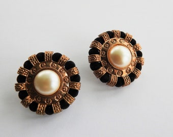 Large Black Velvet Gold Tone Earrings