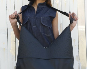 Black Leather Bag / Shoulder Woman Bag / Zipper Bag / Triangle Bag / Asymmetrical Large Bag by METAMORPHOZA