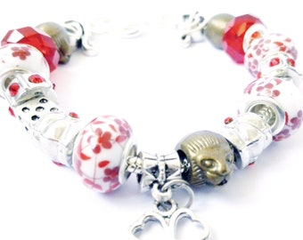 One of a kind Red Charm and Beaded European Style Bracelet with Gift Box and Organza Pouch for girl or Woman