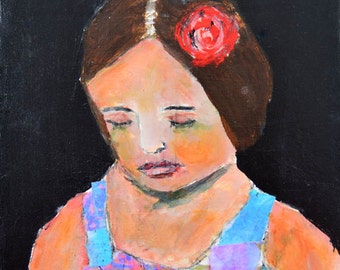 Art on Sale. Acrylic Girl Portrait Painting. Original Mixed Media Collage Art. Gift for Her Birthday. Apartment Wall Art Decor. Wall Decor