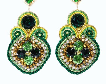Soutache Earrings Emerald Green Gold