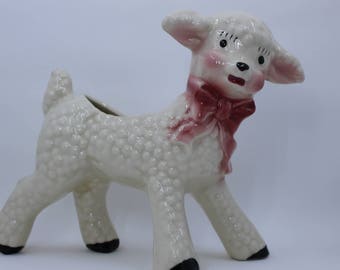 Vintage Ceramic Lamb Planter With Red Bow 1960's