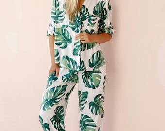 Maggie Long Pajama Set - Panama Palm Leaf - Code P043 (b) / P005 (c)