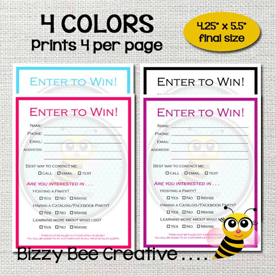 ENTER TO WIN Raffle Ticket Drawing Slip Door Prize Form ENTER TO WIN Raffle Ticket Drawing Slip Door Prize Form