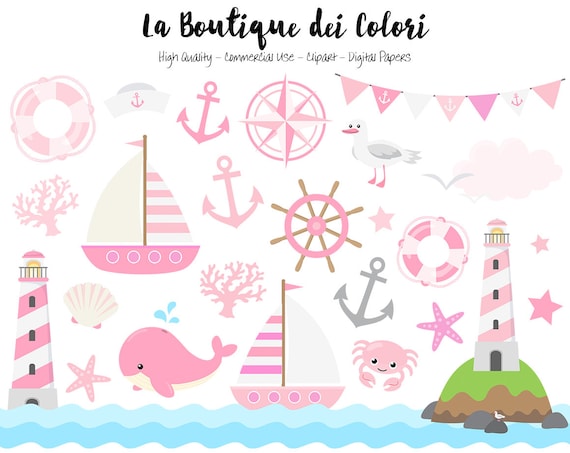 Girly Pink Nautical Clipart Cute Vector Graphics Sea