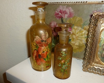 Vintage Bath Oil Bottles / Perfume Bottles With Floral Accents And Glass Stoppers 1930's-1950's