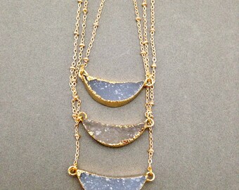 Druzy Agate Crescent Moon Pendant Necklace for Inner and Emotional Stability, Protection from Negativity, and Increased Self Confidence