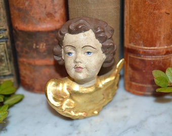 Antique German Carved Painted Gilded Wood Cherub Angel Head with Wings