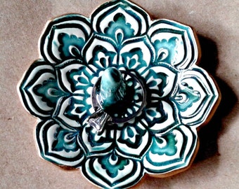 Ceramic Lotus Ring Holder Ring Bowl Ring Dish gold edged Malachite Green 3 1/4 inches