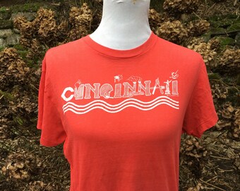 Red Vintage Cincinnati T-shirt // Medium // Large // Distressed // 70's // 80's