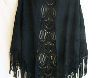 Weinstocks black lace shawl, triangle shape with fringe