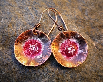 Hammered copper earrings, Enamel earrings, Rustic earrings, Artisan jewelry, Circle earrings, Flower earrings