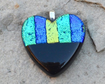Dichroic Glass Heart Pendant - Black with Iridescent Colours Purple Green Aqua Blue - Small Silver Plated Bail Fitting - Gift Boxed