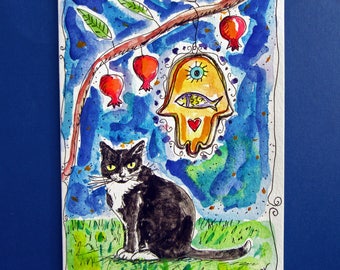 Pomegranates, Black & White Cat and Hamsa, Bar Mitzvah Card, Bat Mitzvah Card, Jewish Wedding Card, Hand Painted, Cat Lovers, Birthday Card
