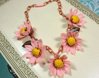 Vintage Celluloid Necklace | 40's Pink Plastic Flower Necklace | Vintage Plastic Necklace | Pink Celluloid Chain | Statement Necklace