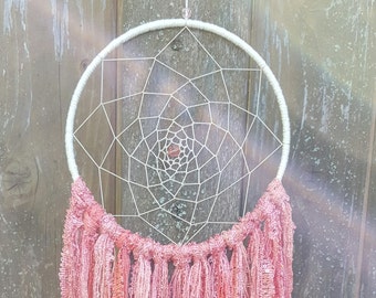 dreamcatcher, dream catcher, nursery baby dreamcatcher, personalized shower gift, large pink white dreamcatcher, boho wedding bride shower