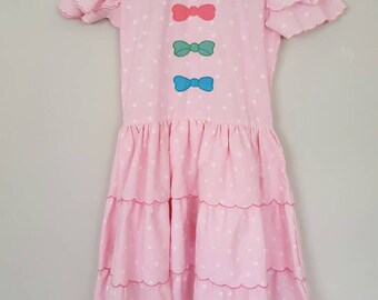 Vintage Pink Polka Dot and Bow Ruffle Tiered Girls Party Dress