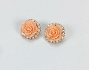 Vintage 1980s Peach Rose Pierced Earrings