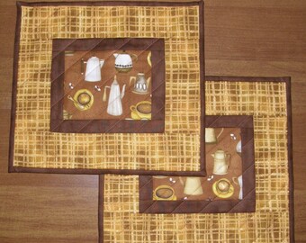 Coffee Cup Quilted Mug Rugs, Quilted Snack Mats, Free Shipping, Yellow Brown Mug Rugs Snack Mats, Teachers Gift, Stocking Stuffer