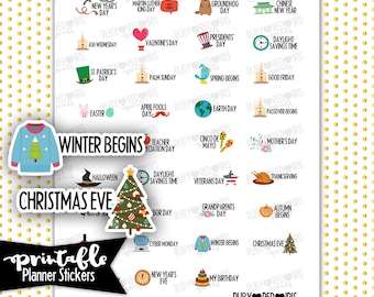 Holidays PRINTABLE Planner Stickers | Pdf, Jpg, Silhouette Studio V3 Format | ECLP Vertical Planner Stickers