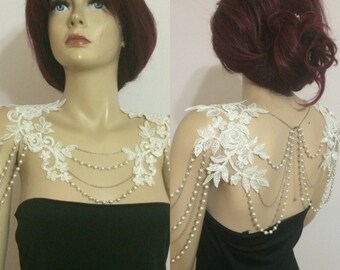lace shoulder / ivory pearl / shoulder necklace / wedding jewelry / bride shoulder *183