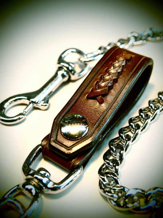 Leather Wallet chain Brown American bridle leather and braided calf lace Applique made for YOU in USA by Freddie Matara!