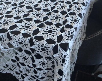 Vintage 1980's Hand Crocheted White Table Cloth