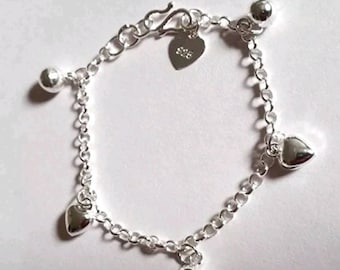 Sweet Hearts & Ball Bell Dangling 925 Sterling Silver Charms Baby Girl Bracelet